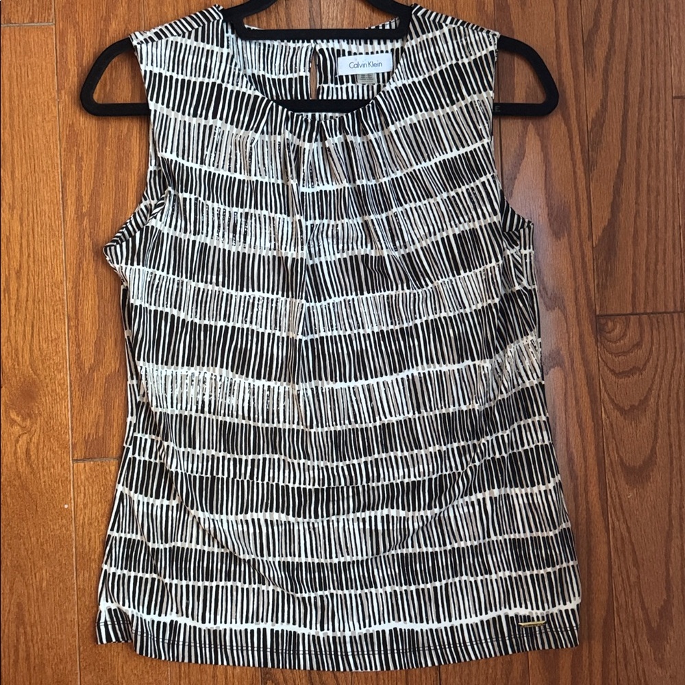 Calvin Klein Striped Black, Tan, and White Blouse Medium